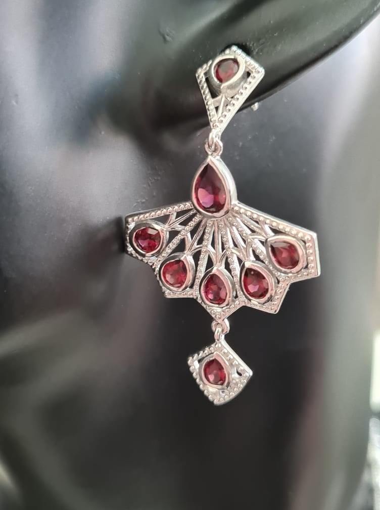 Rhodolite Garnet Fan-Inspired Earrings in 925 Sterling Silver