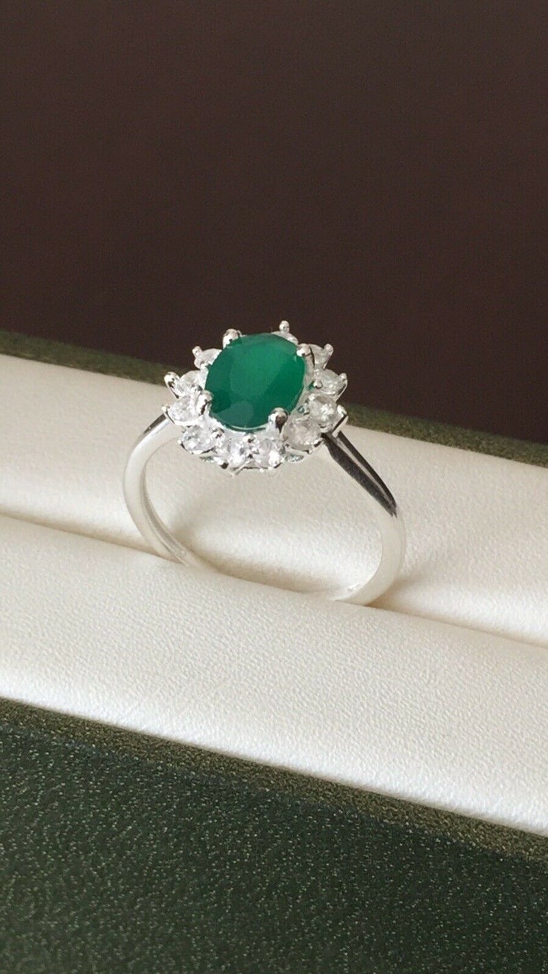 Verde Onyx and Natural Cambodian Zircon Halo Ring SIZE O