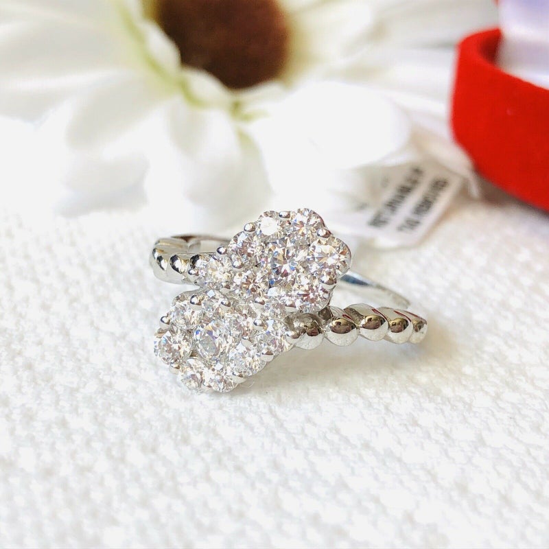 Swarovski Zirconia 2 Floral Cluster Bypass Ring Design SIZE N