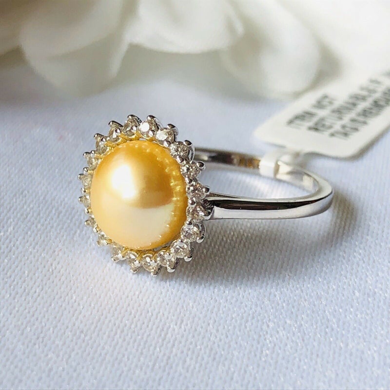 Freshwater Golden Pearl & Natural Zircon Halo Ring