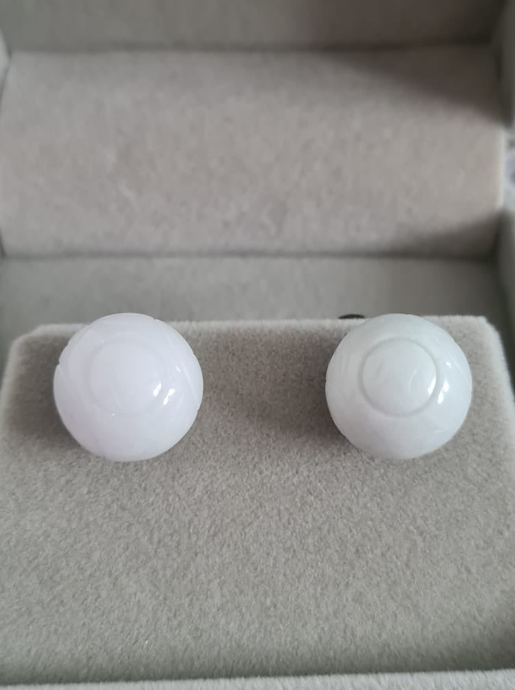 9ct Round Carved White Jade Stud Earrings in 925 Sterling Silver