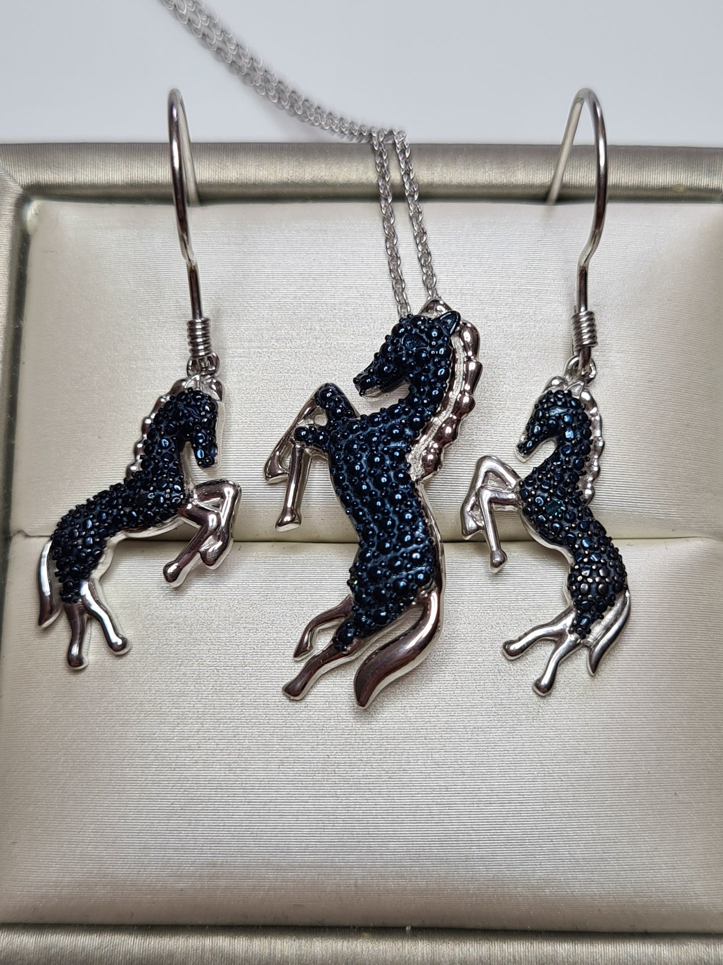 Blue diamond Horse Necklace & Earrings Set 925 sterling silver