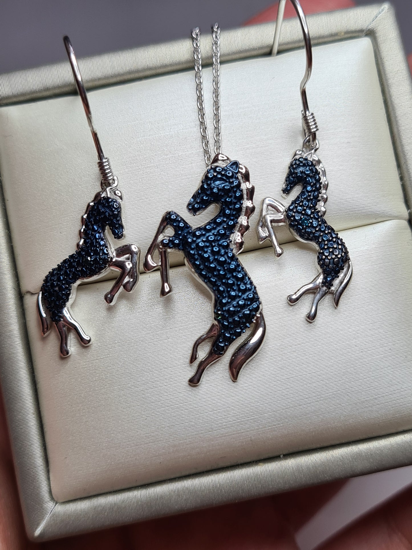 Blue diamond Horse Necklace & Earrings Set 925 sterling silver