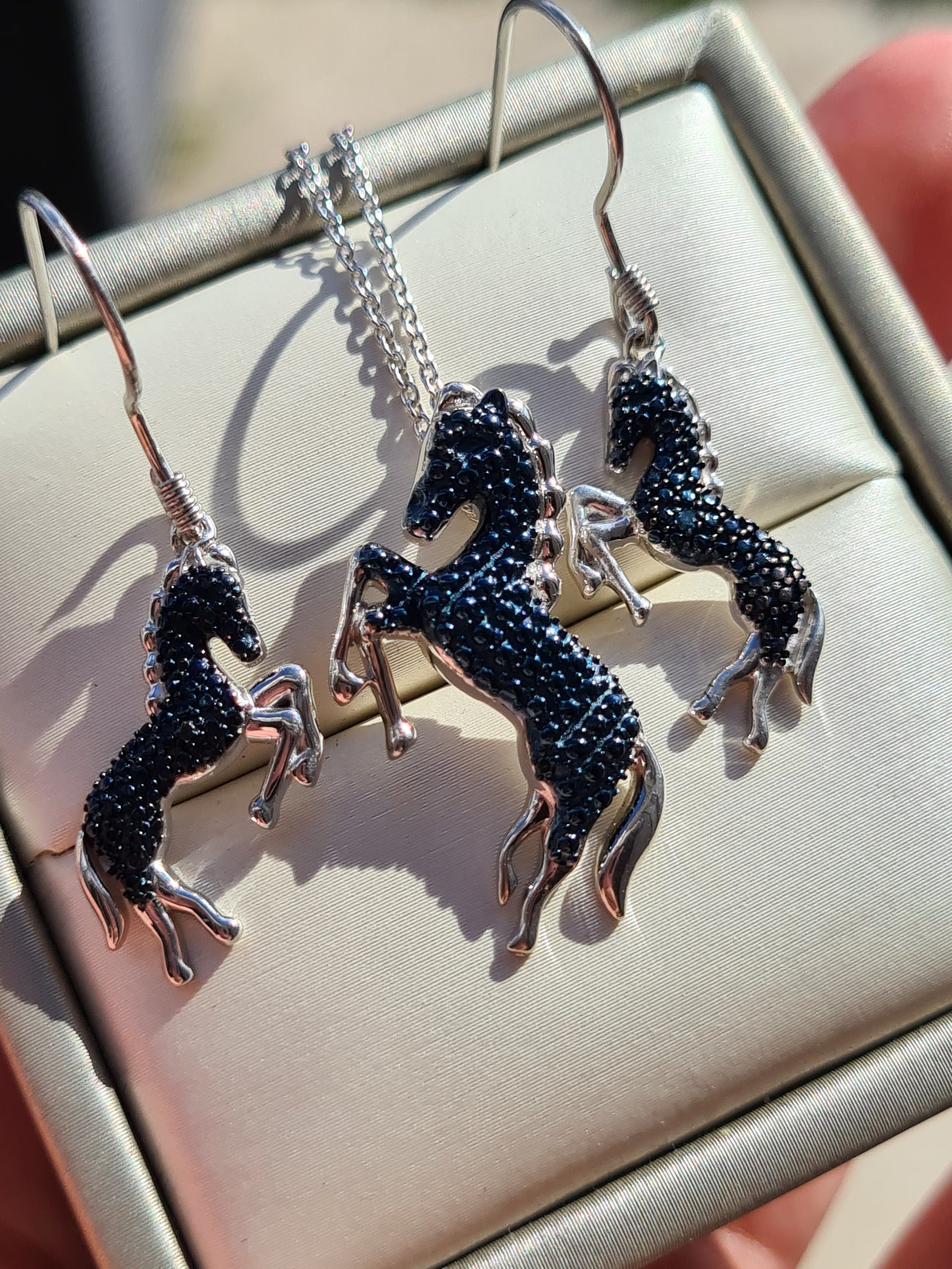 Blue diamond Horse Necklace & Earrings Set 925 sterling silver