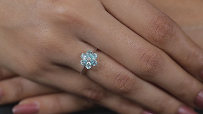 Blue Apatite and Natural Cambodian Zircon Flower Ring SIZE N