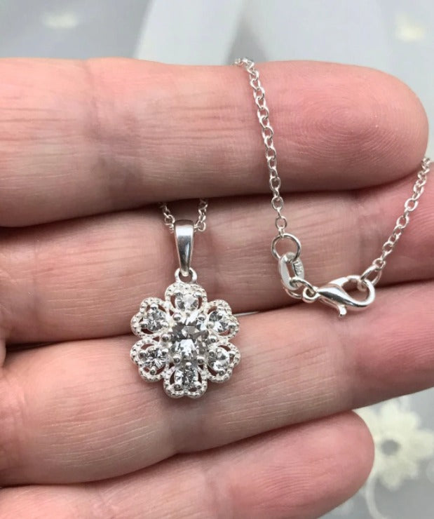 White Swarovski Crystal Necklace Sterling Silver 18 inch