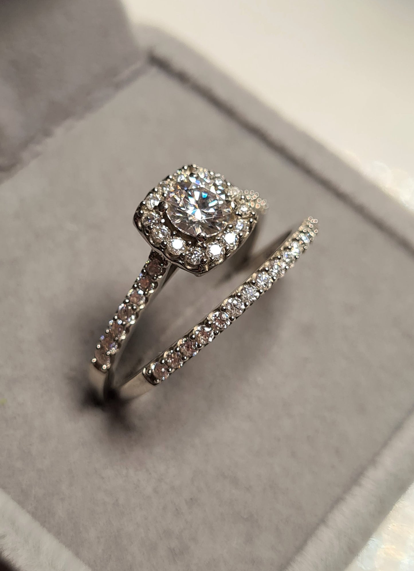 Moissanite Halo Engagement Ring Set 925 Sterling Silver SIZE Q