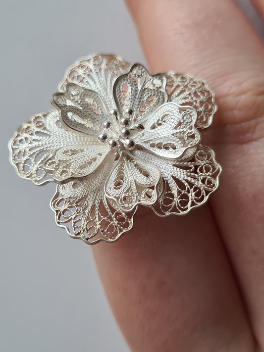 Sterling Silver Hand Made Flower Ring SIZE P/Q