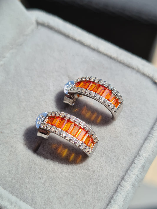 Simulated Fire Opal And Diamond Earrings 925 Sterling Silver