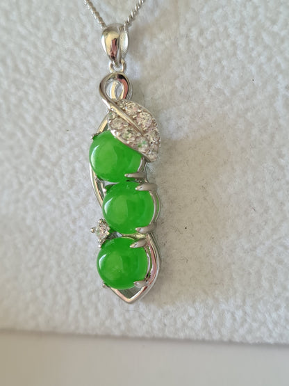Green Jade and simulated Diamond Necklace 925 Sterling Silver