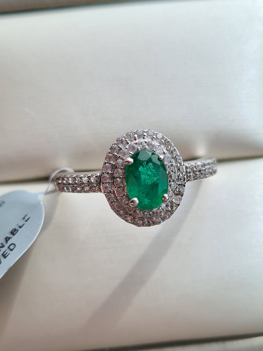 AA Kagem Zambian Emerald, Natural Cambodian Zircon Ring 9K Gold SIZE S