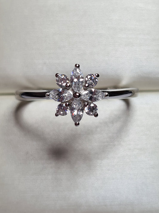 Simulated Diamond Floral Ring Sterling Silver SIZES Q,R