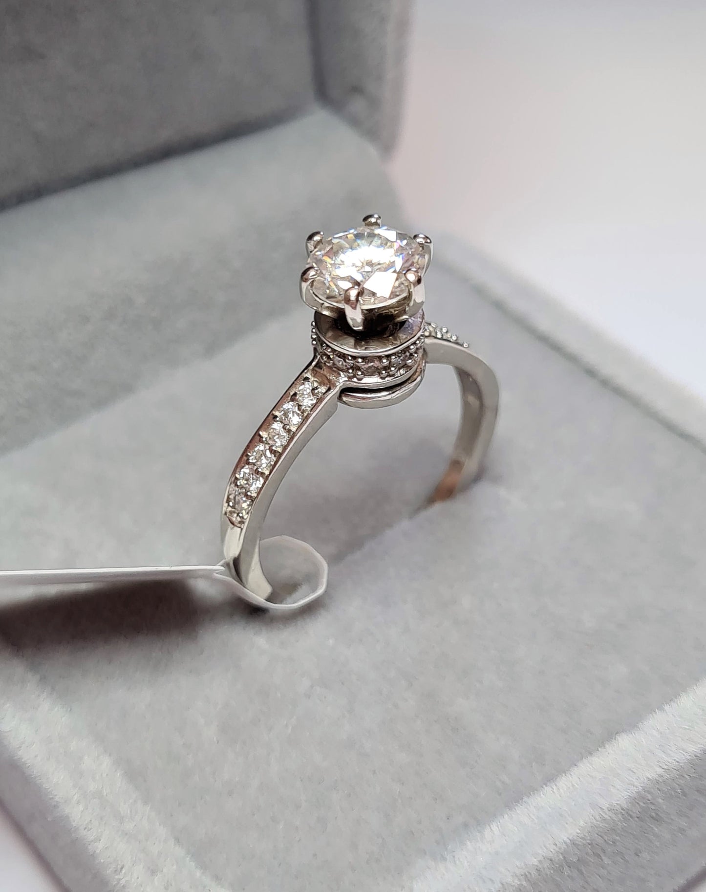 Engagement Halo Spinner Moissanite Ring in Platinum Overlay Sterling Silver SIZES N,O