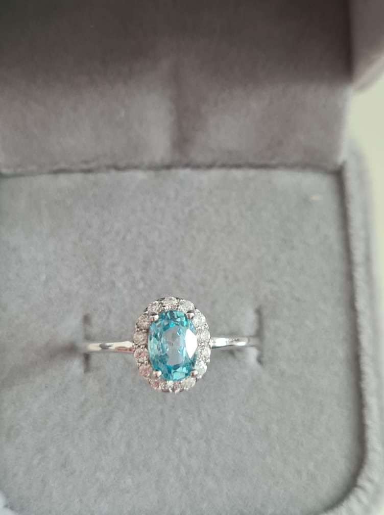 Ratanakiri Blue Zircon and Natural Cambodian Zircon Halo Ring 925 Sterling Silver SIZE O