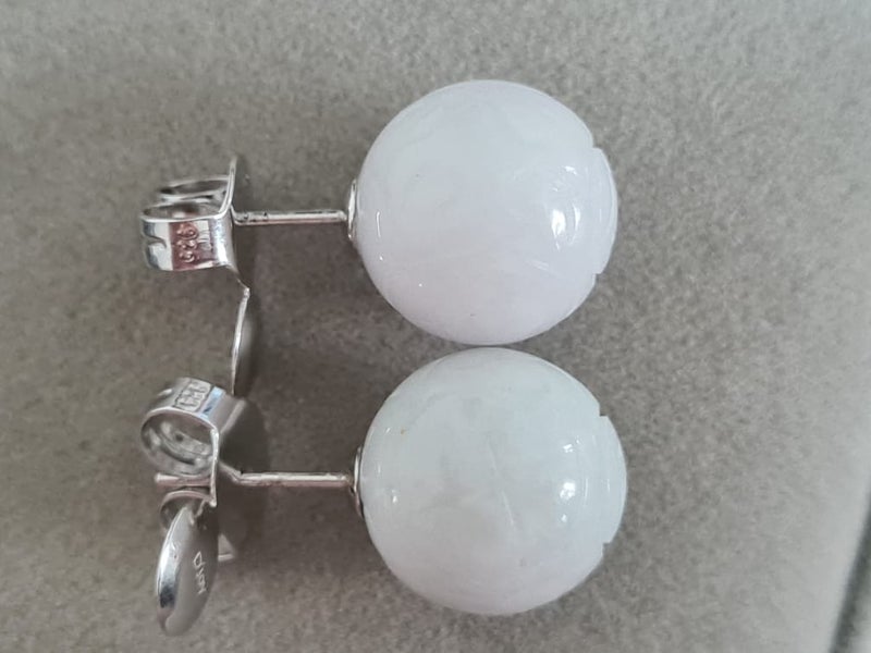 9ct Round Carved White Jade Stud Earrings in 925 Sterling Silver