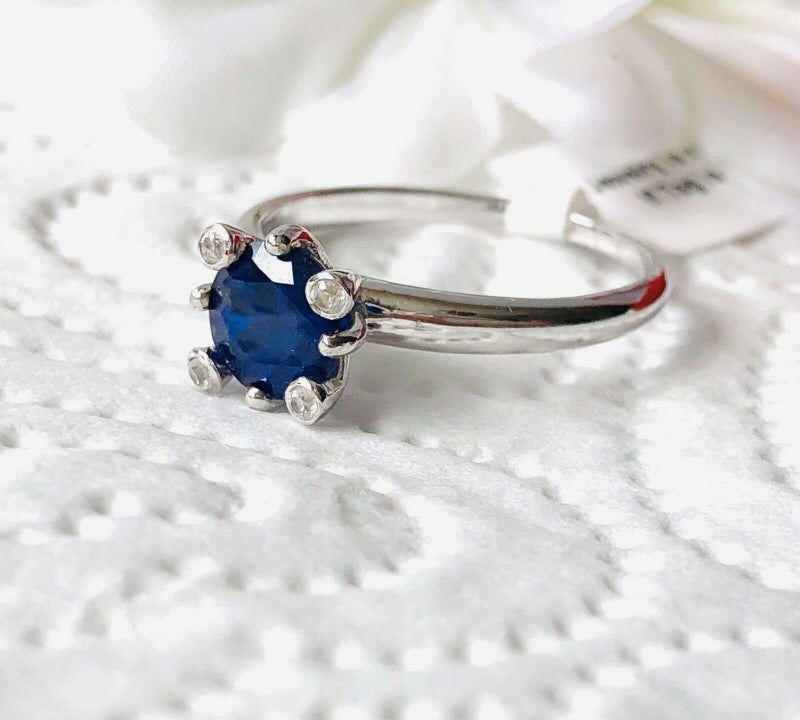 1.60ct Blue spinel & Cambodian zircon Rhodium overlay 925 sterling silver ring SIZE M