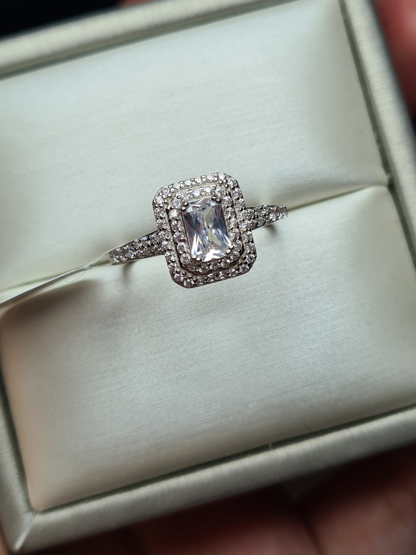 Simulated Square Cut Halo Diamond Ring 925 Sterling Silver SIZE O