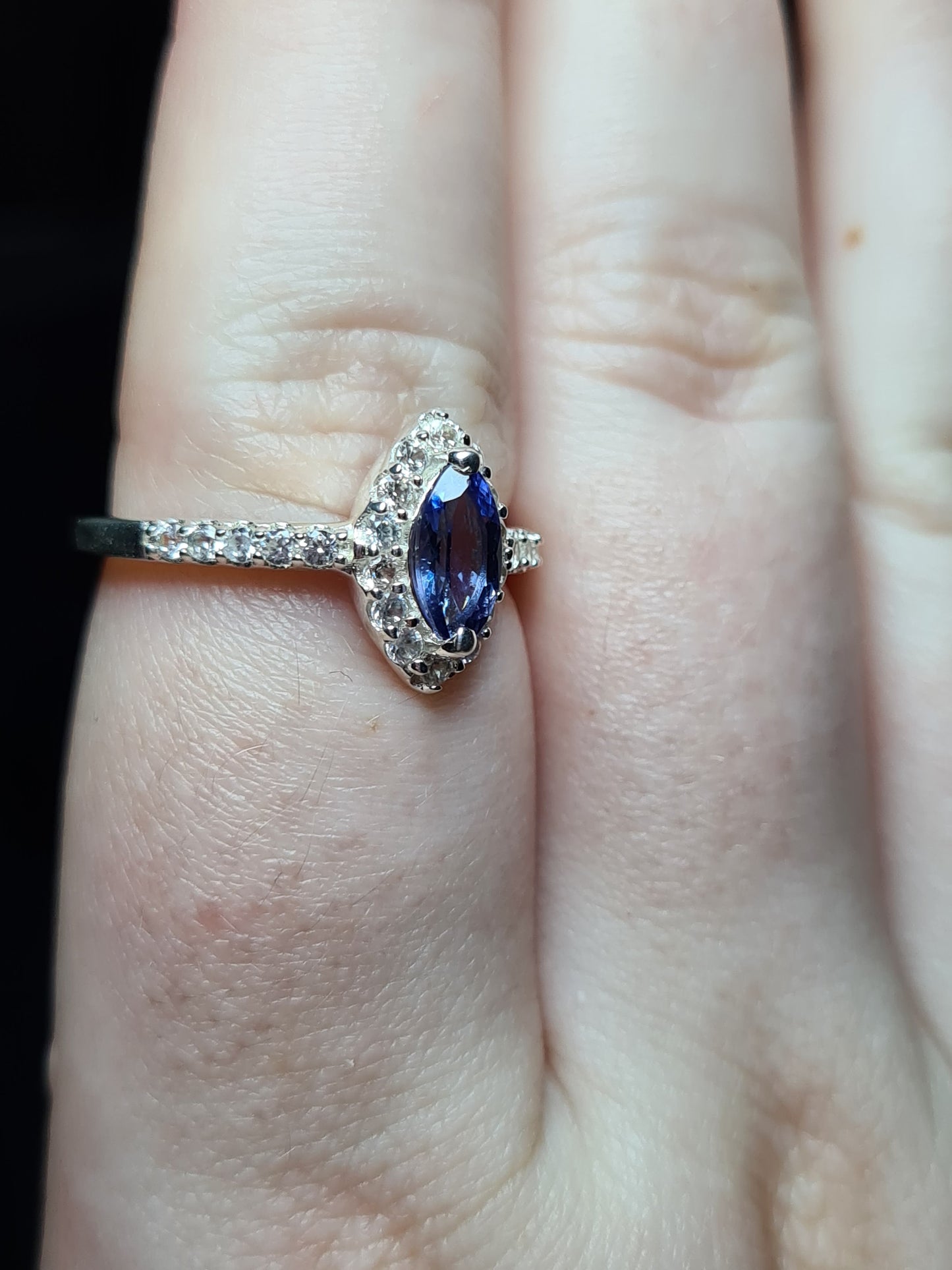 Marquise Cut Tanzanite and Natural Cambodian Zircon Ring in Sterling Silver SIZE O