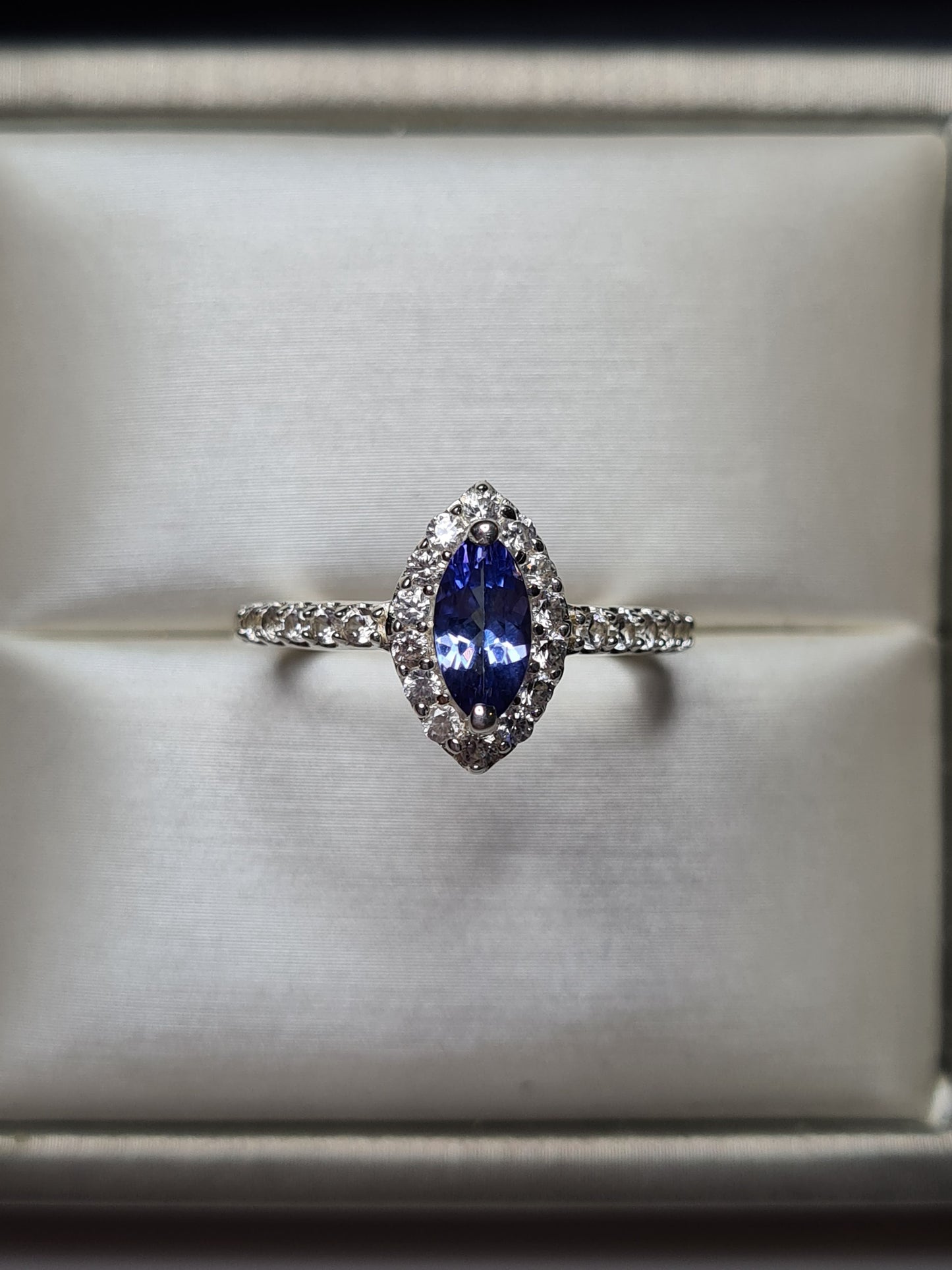 Marquise Cut Tanzanite and Natural Cambodian Zircon Ring in Sterling Silver SIZE O