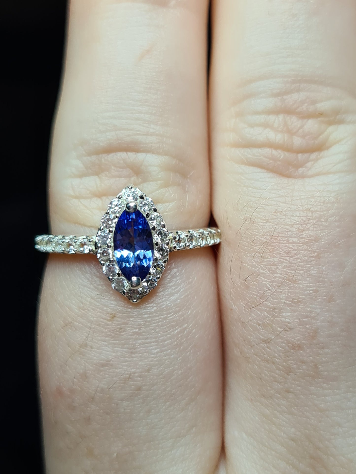 Marquise Cut Tanzanite and Natural Cambodian Zircon Ring in Sterling Silver SIZE O