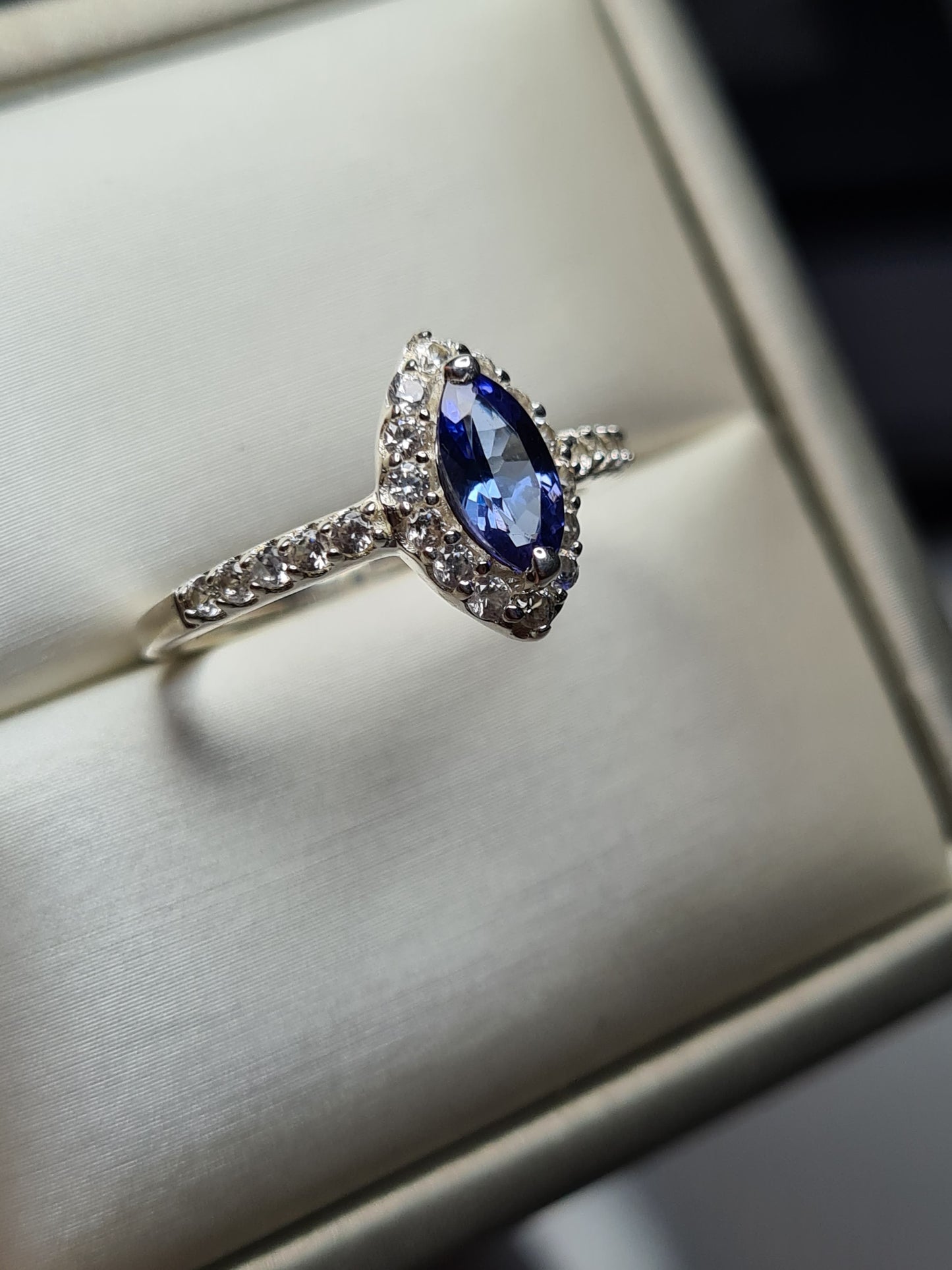 Marquise Cut Tanzanite and Natural Cambodian Zircon Ring in Sterling Silver SIZE O