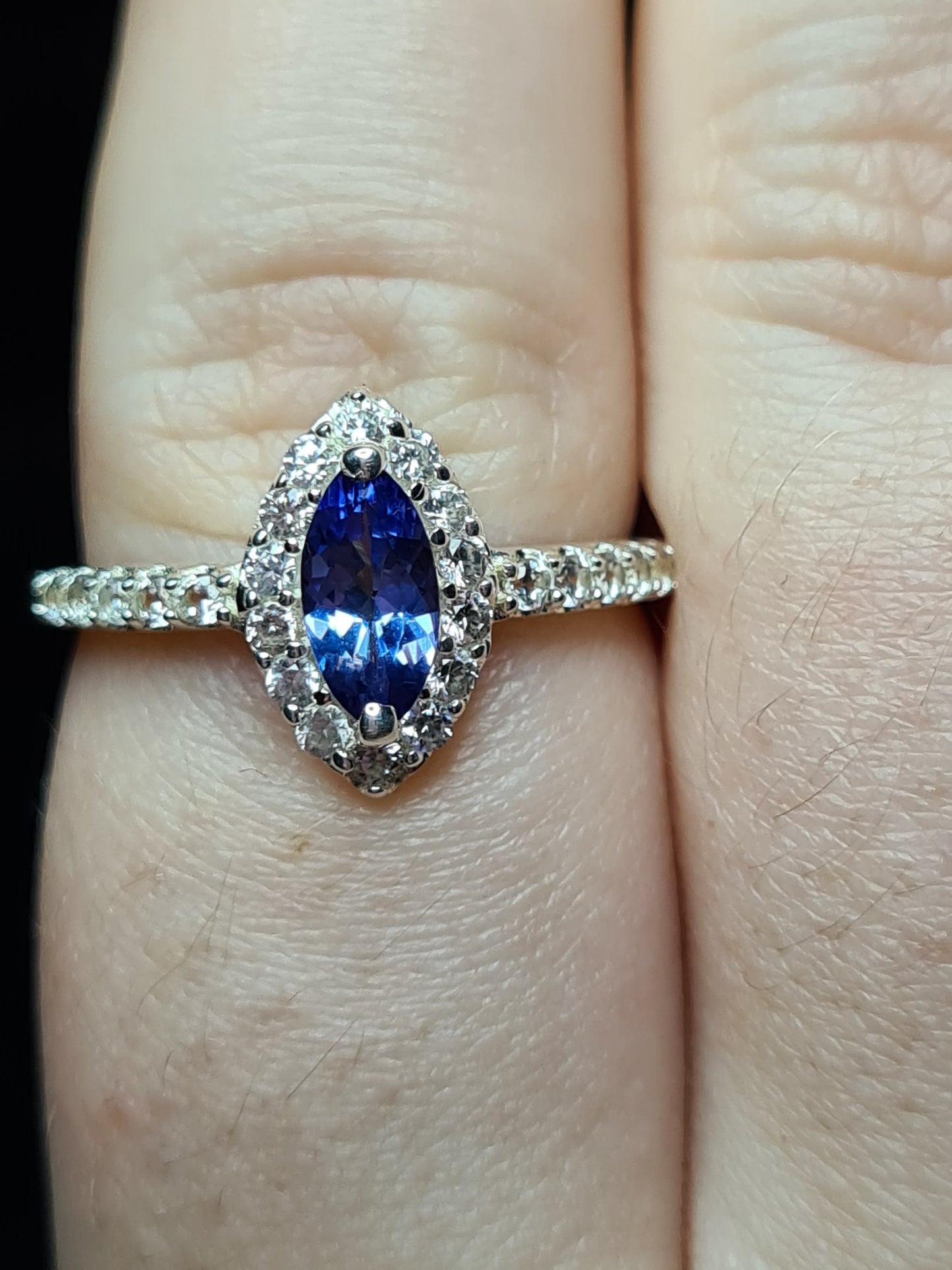 Marquise Cut Tanzanite and Natural Cambodian Zircon Ring in Sterling Silver SIZE O