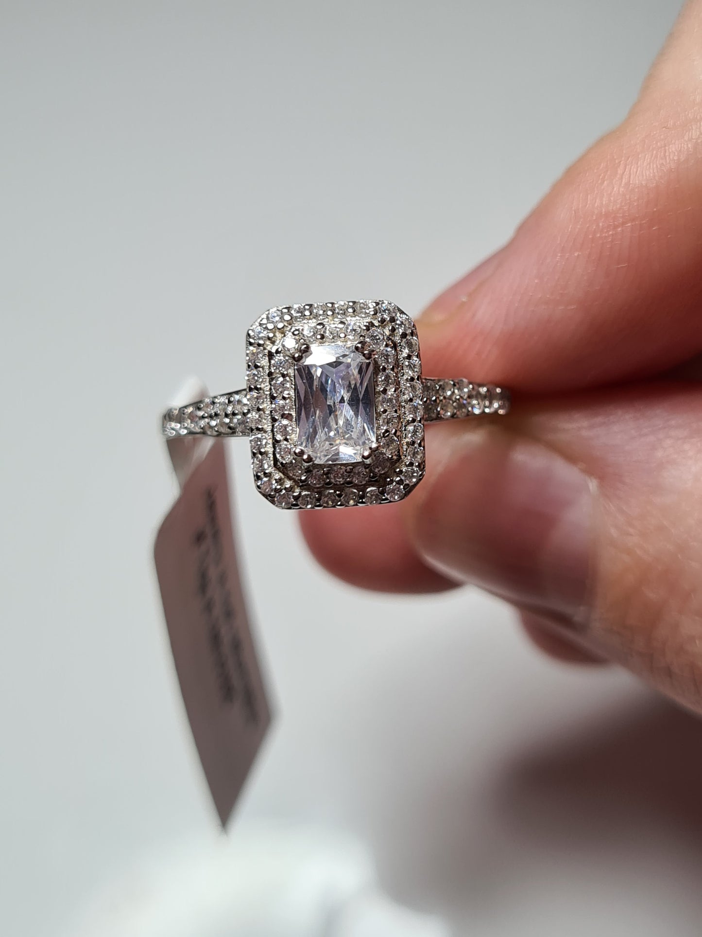 Simulated Square Cut Halo Diamond Ring 925 Sterling Silver SIZE O