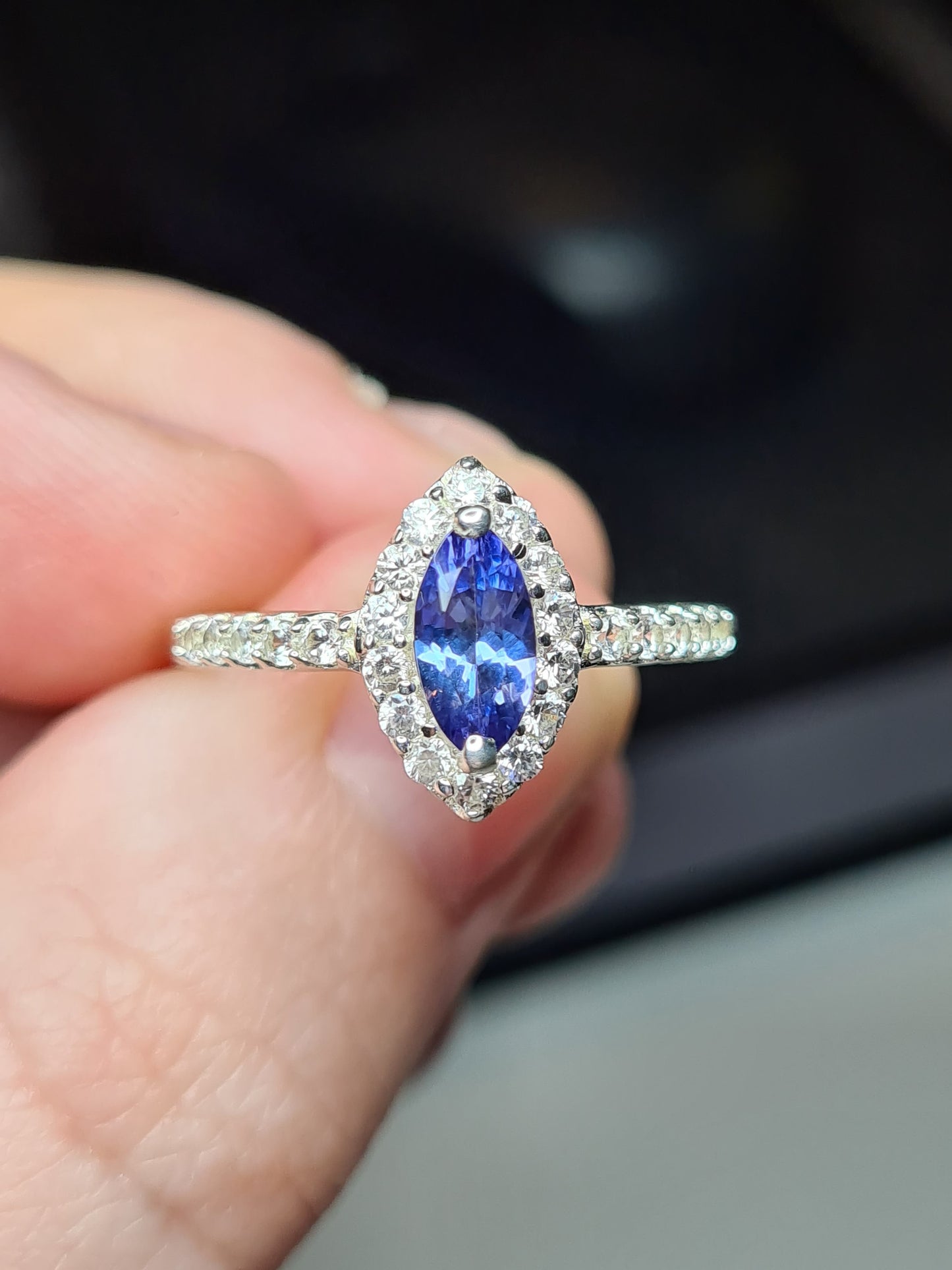 Marquise Cut Tanzanite and Natural Cambodian Zircon Ring in Sterling Silver SIZE O