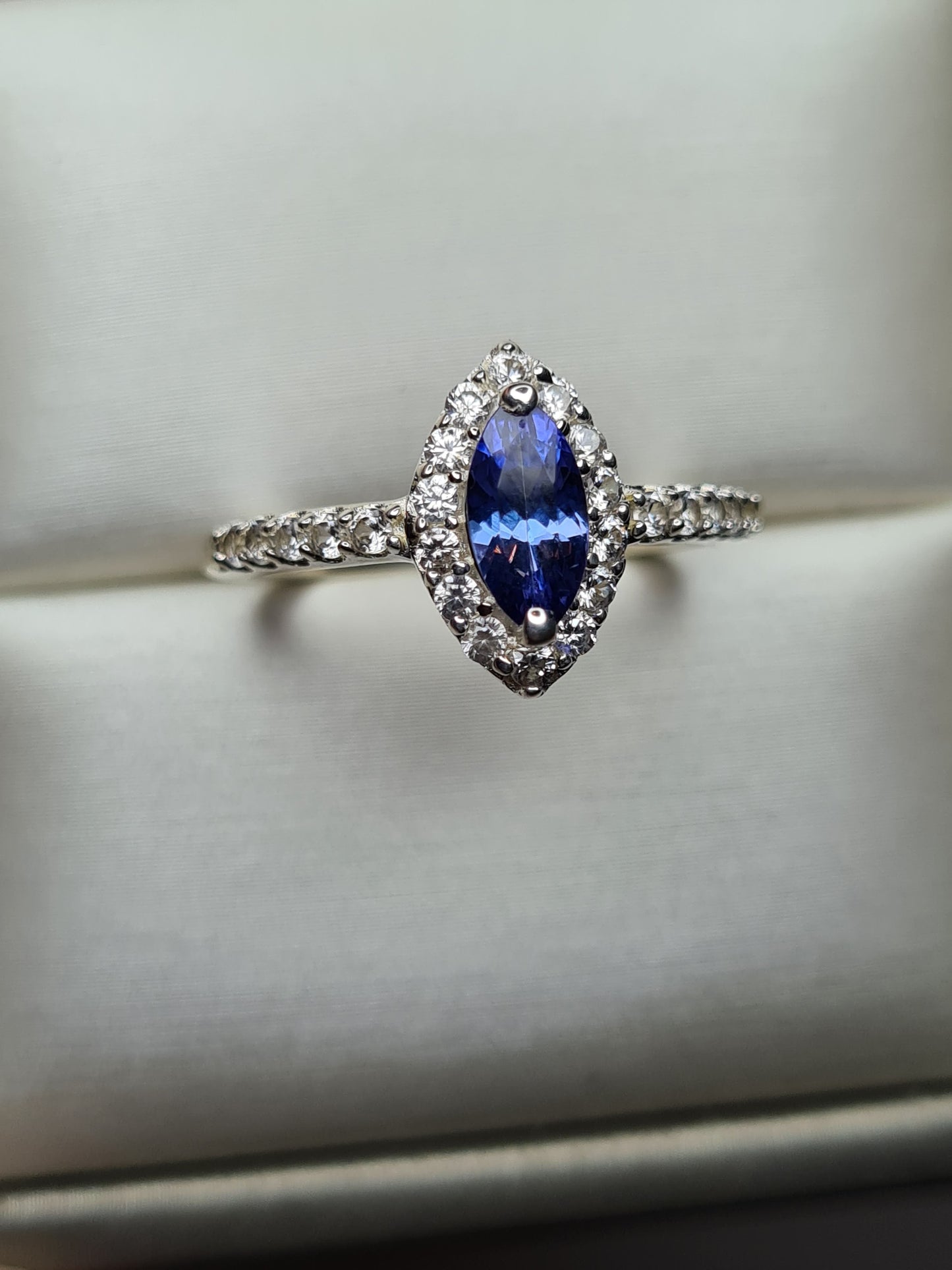 Marquise Cut Tanzanite and Natural Cambodian Zircon Ring in Sterling Silver SIZE O