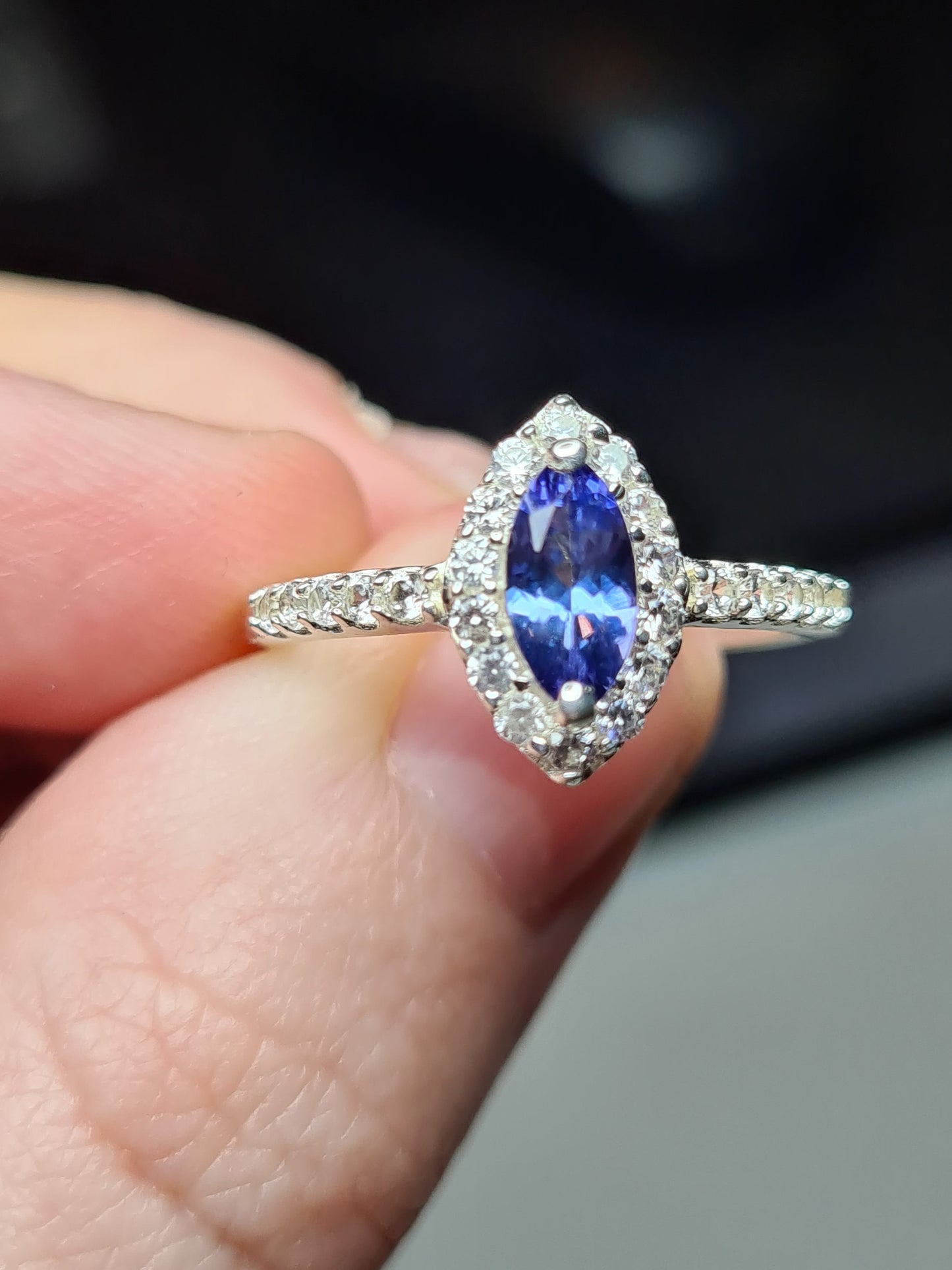 Marquise Cut Tanzanite and Natural Cambodian Zircon Ring in Sterling Silver SIZE O