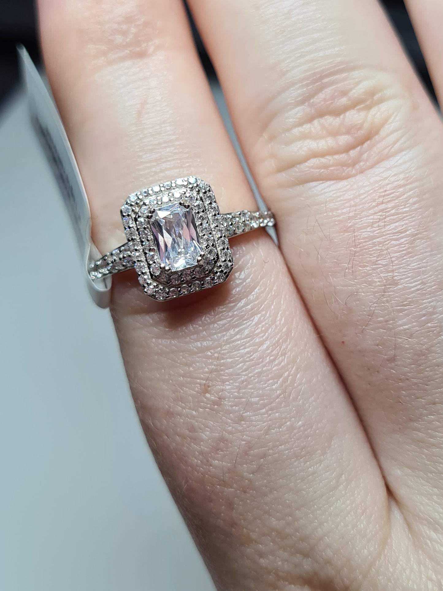 Simulated Square Cut Halo Diamond Ring 925 Sterling Silver SIZE O