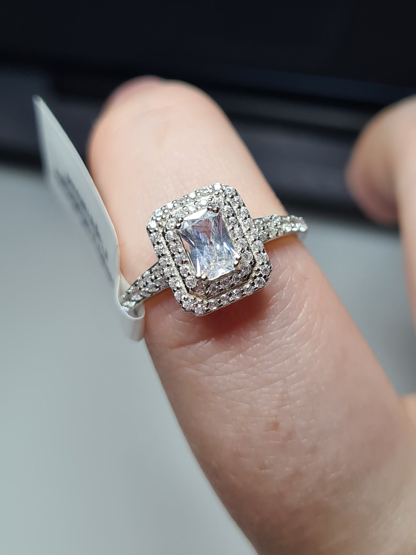 Simulated Square Cut Halo Diamond Ring 925 Sterling Silver SIZE O