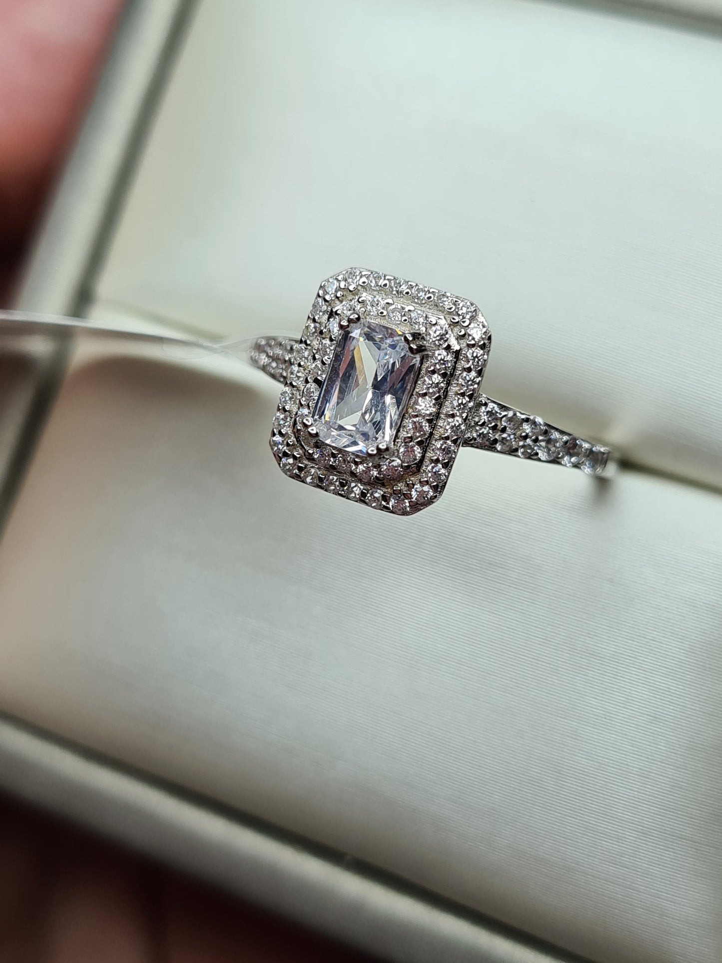 Simulated Square Cut Halo Diamond Ring 925 Sterling Silver SIZE O
