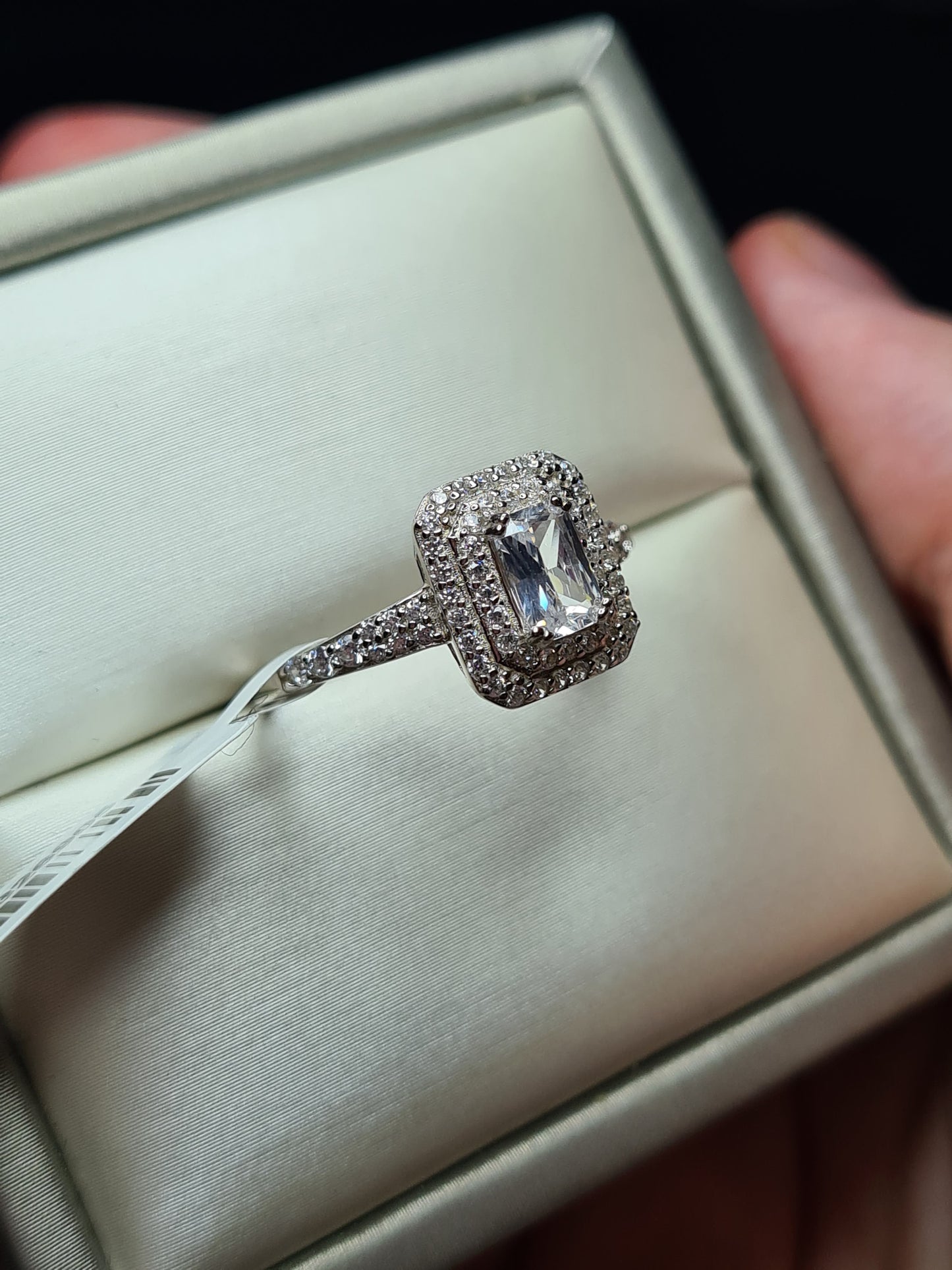 Simulated Square Cut Halo Diamond Ring 925 Sterling Silver SIZE O
