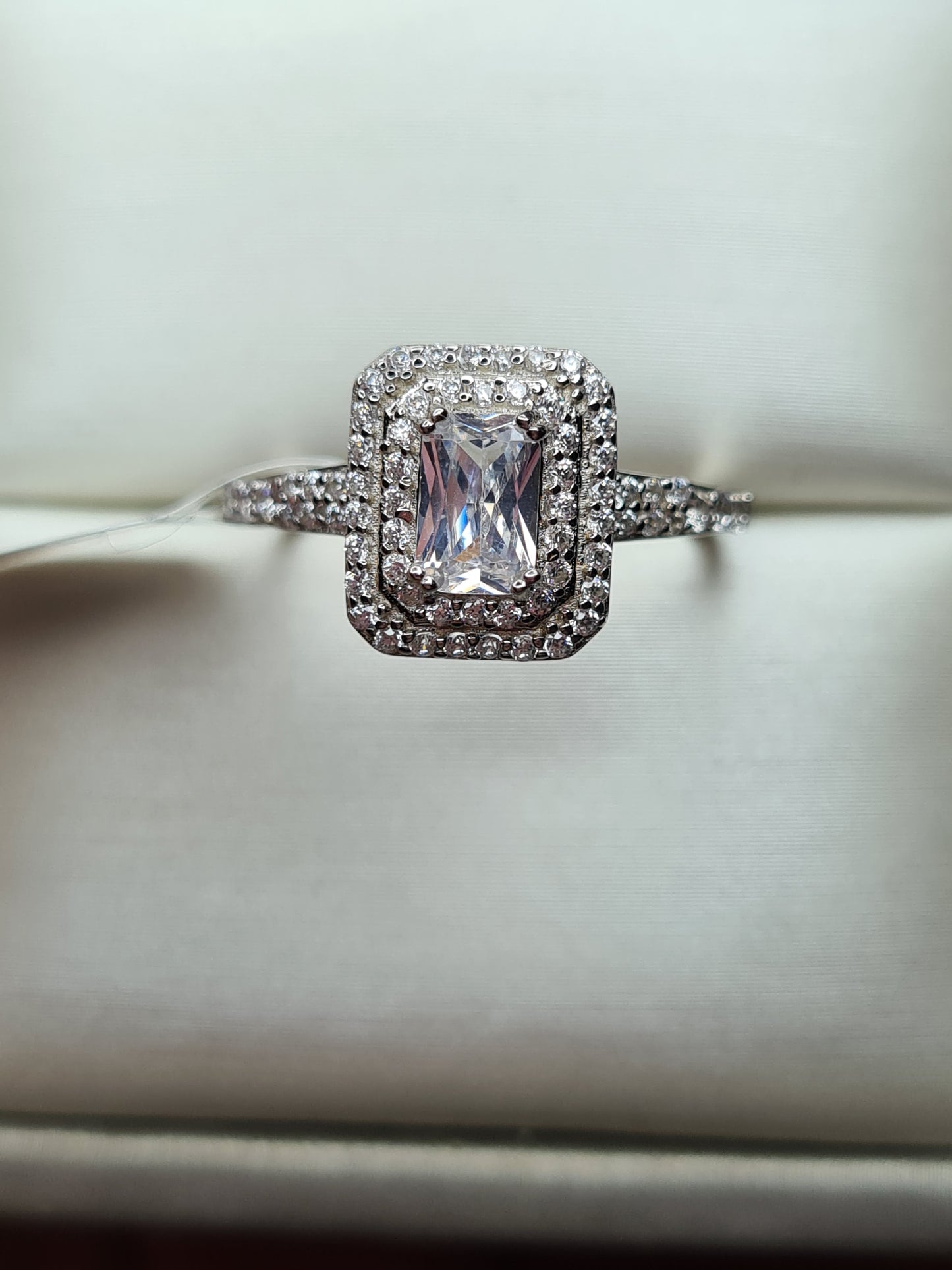 Simulated Square Cut Halo Diamond Ring 925 Sterling Silver SIZE O