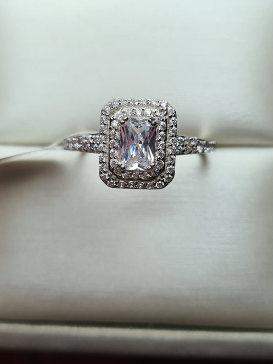 Simulated Square Cut Halo Diamond Ring 925 Sterling Silver SIZE O