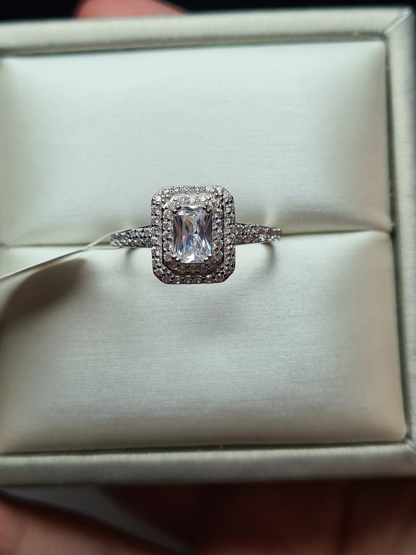 Simulated Square Cut Halo Diamond Ring 925 Sterling Silver SIZE O