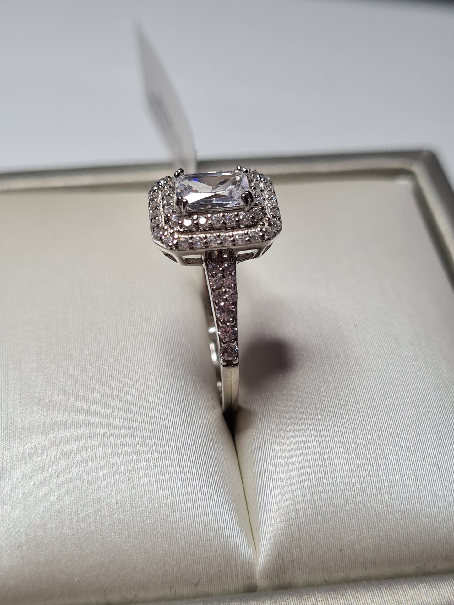 Simulated Square Cut Halo Diamond Ring 925 Sterling Silver SIZE O