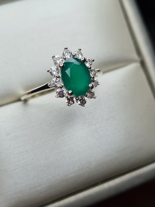 Verde Onyx and Natural Cambodian Zircon Halo Ring SIZE O