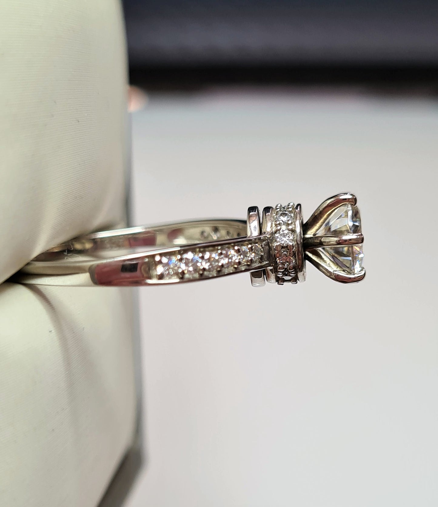 Engagement Halo Spinner Moissanite Ring in Platinum Overlay Sterling Silver SIZES N,O
