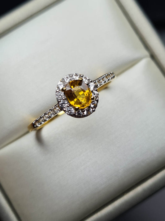 Yellow Sapphire and Natural Cambodian Zircon Halo Ring 18K Gold Overlay Sterling Silver SIZE W