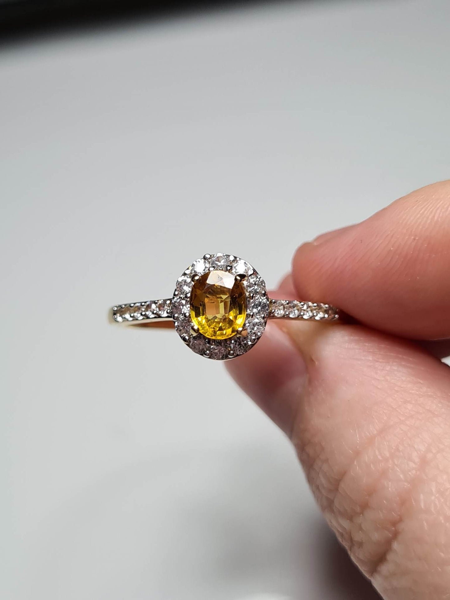 Yellow Sapphire and Natural Cambodian Zircon Halo Ring 18K Gold Overlay Sterling Silver SIZE W