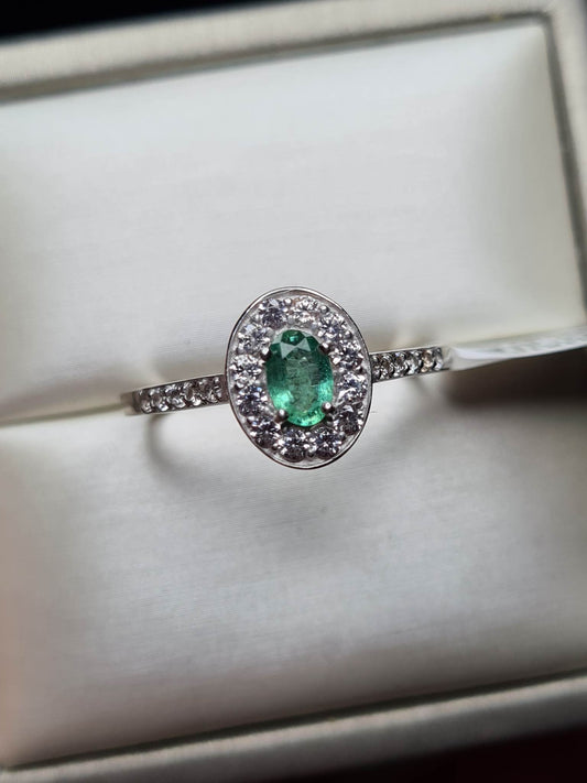 Zambian Emerald and Natural Cambodian Zircon Ring 925 Sterling Silver SIZES N,O,W