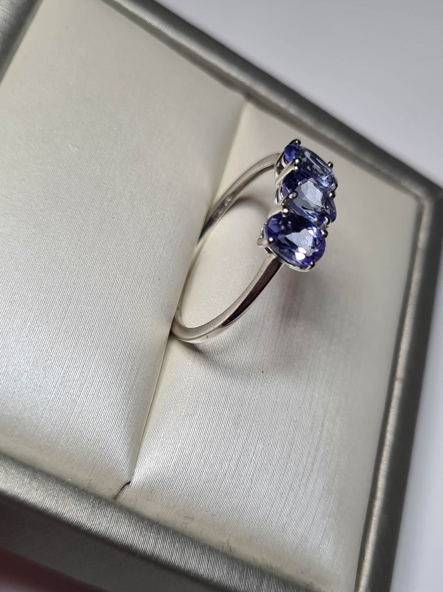 1.330ct Tanzanite Trilogy Platinum Overlay 925 Sterling Silver SIZE O