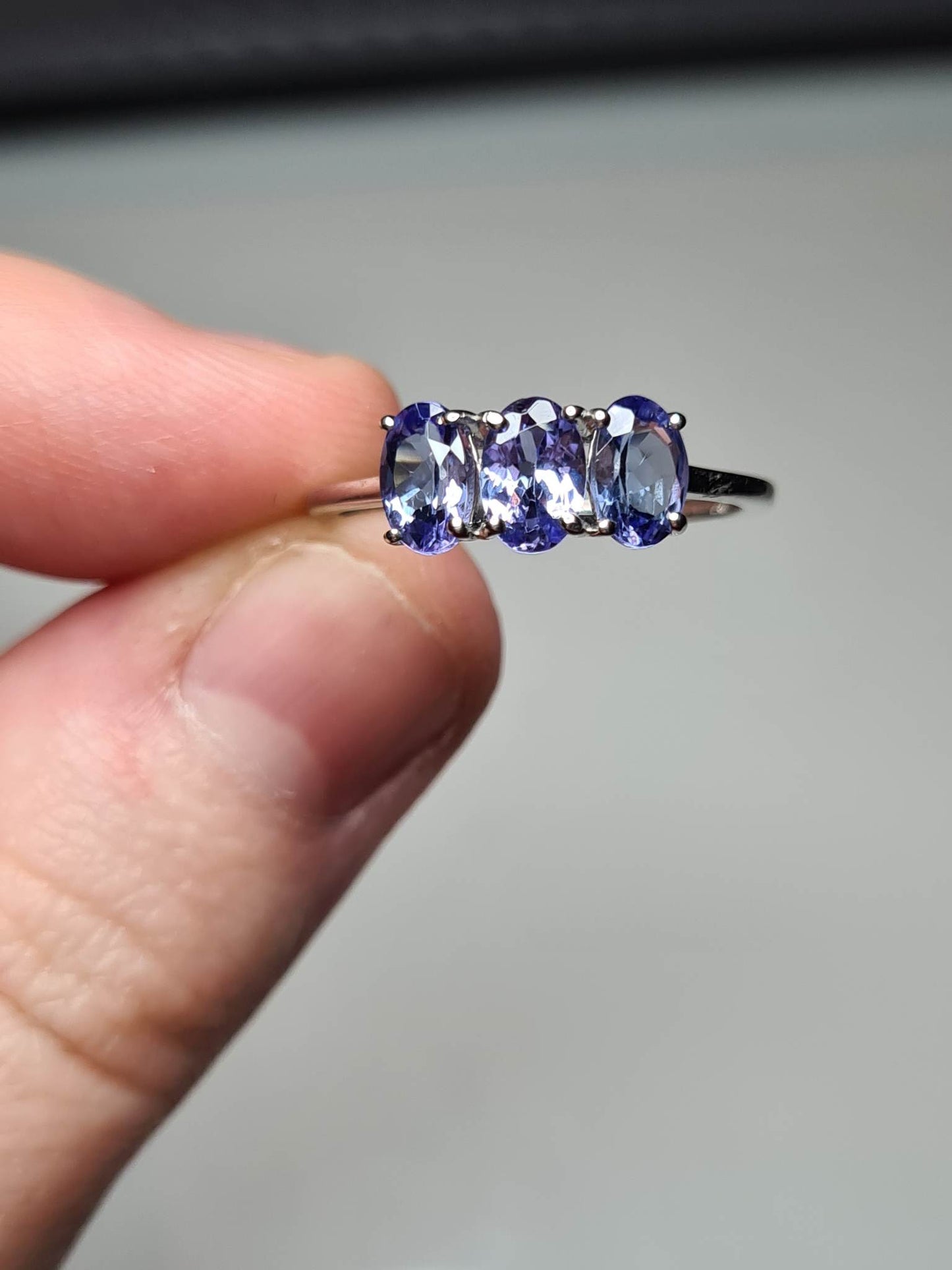 1.330ct Tanzanite Trilogy Platinum Overlay 925 Sterling Silver SIZE O