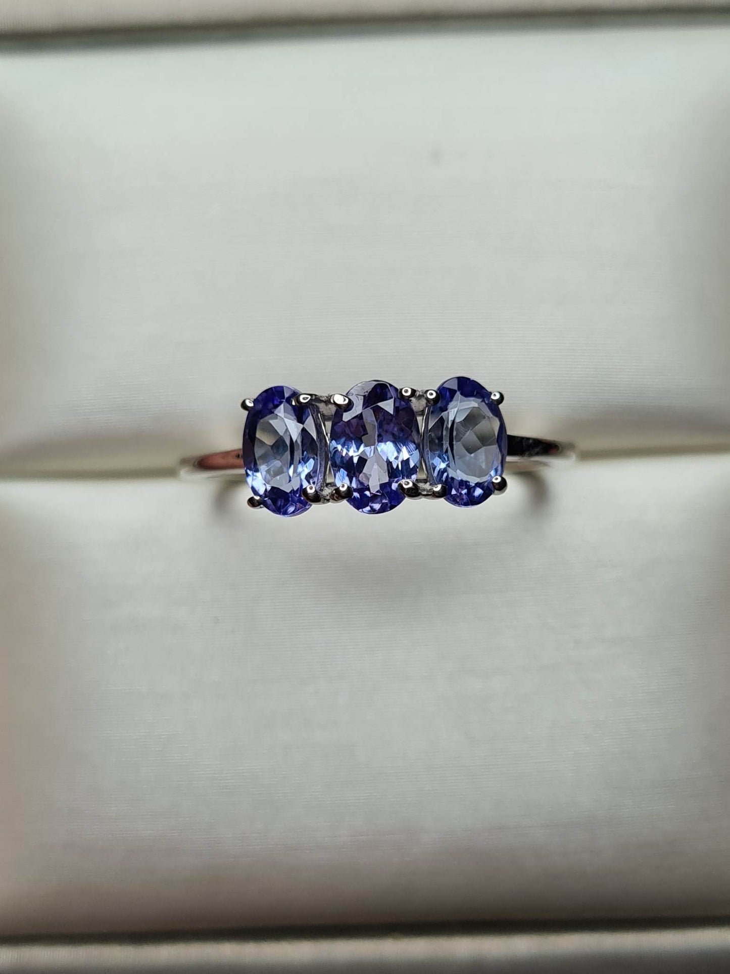 1.330ct Tanzanite Trilogy Platinum Overlay 925 Sterling Silver SIZE O