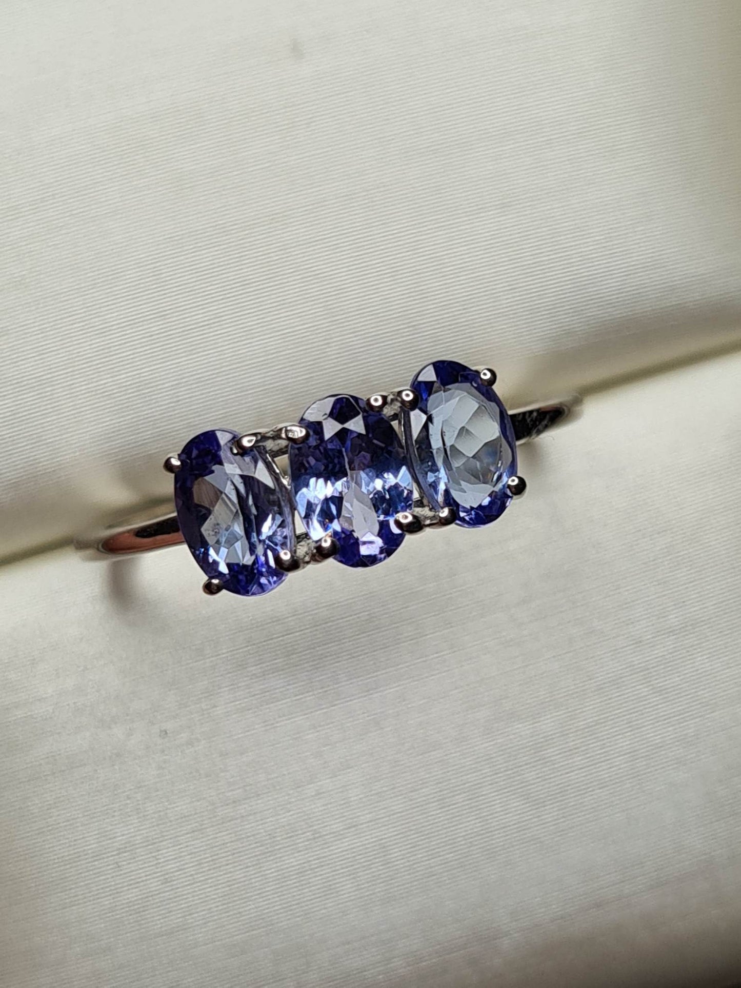 1.330ct Tanzanite Trilogy Platinum Overlay 925 Sterling Silver SIZE O