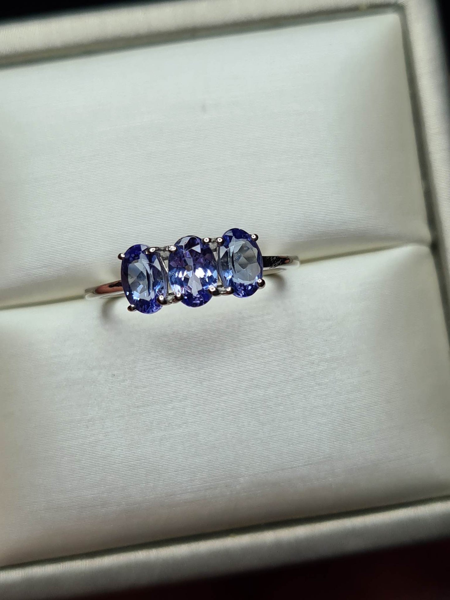1.330ct Tanzanite Trilogy Platinum Overlay 925 Sterling Silver SIZE O