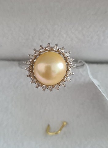 Freshwater Golden Pearl & Natural Zircon Halo Ring