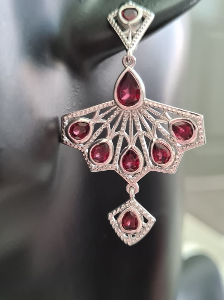 Rhodolite Garnet Fan-Inspired Earrings in 925 Sterling Silver